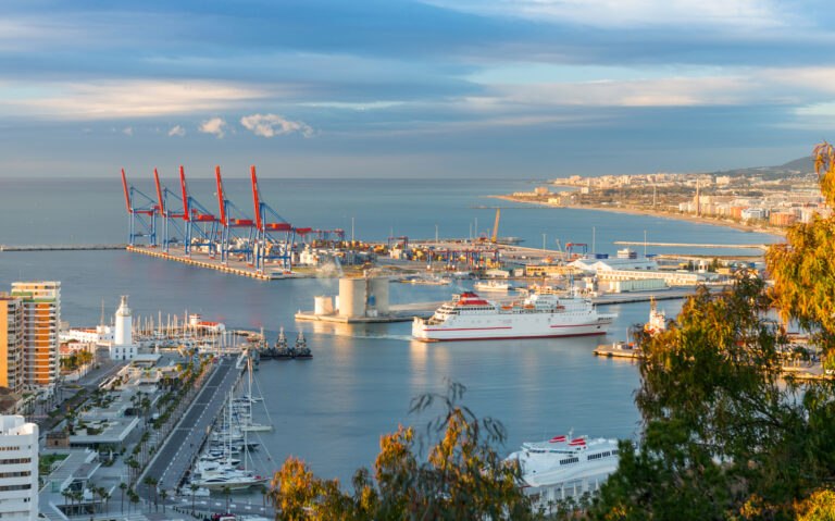 View,Over,Malaga,Harbor,At,Sunset,Andalusia,Spain