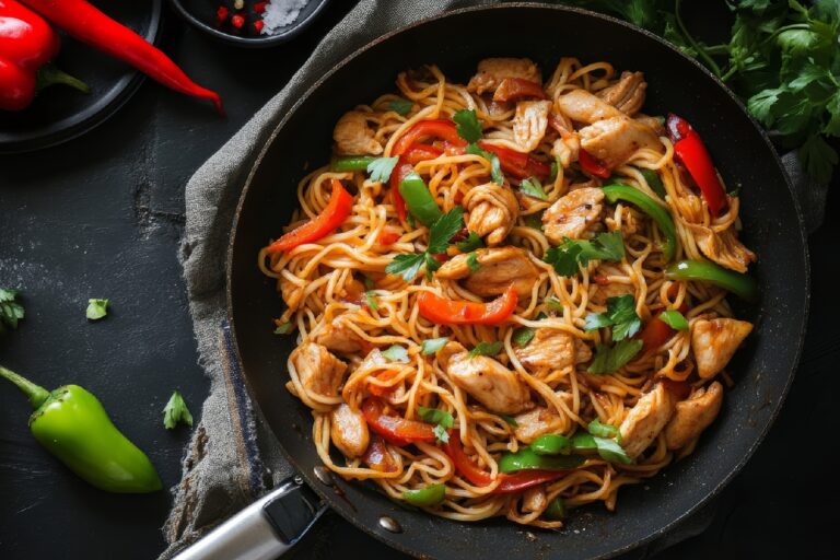 Chicken,And,Noodles,Stir-fry,In,A,Black,Wok